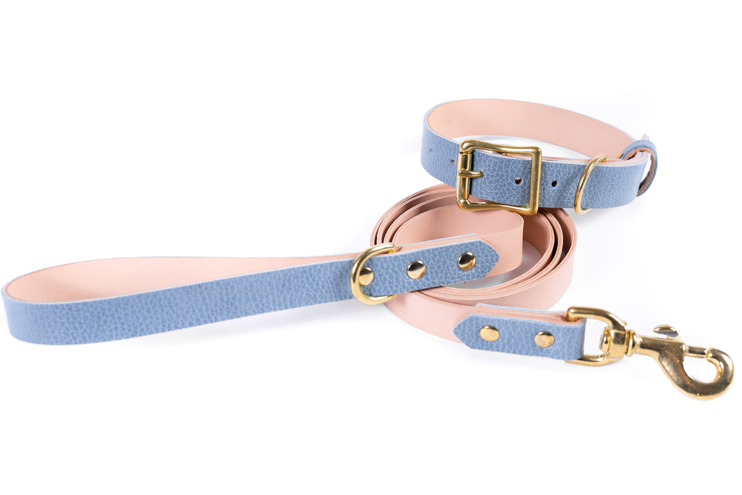 Light Blue Leather Collar & Leash Set