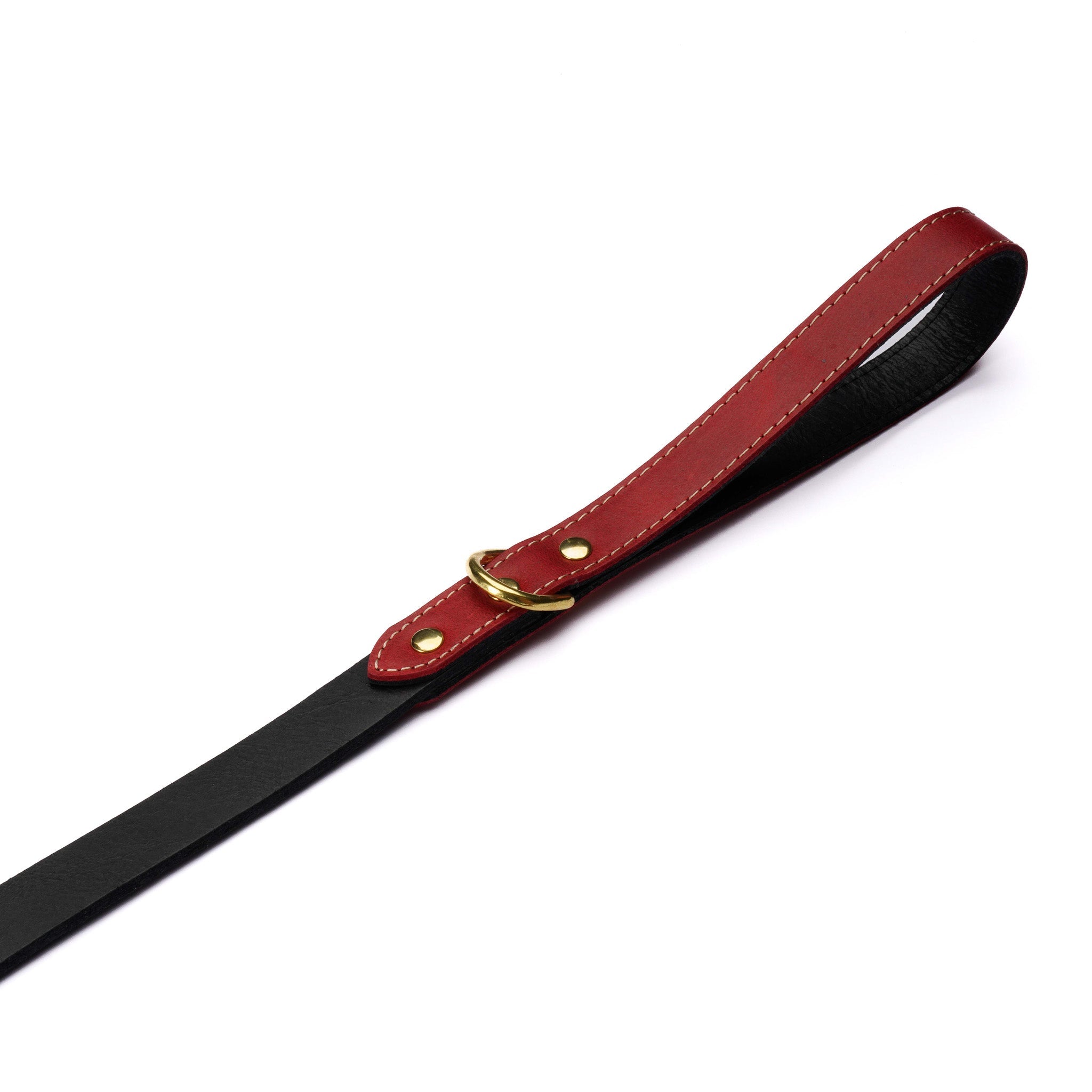 Red Leather Dog Leash – Handmade with Black Lead & Brass Hardware