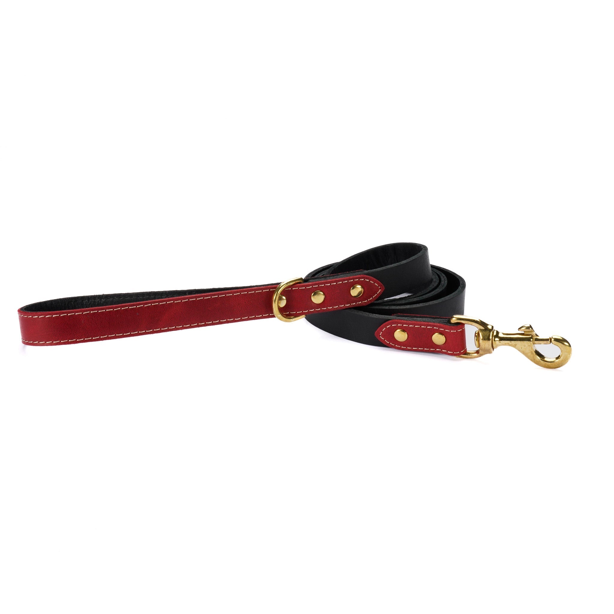 Red Leather Dog Leash – Handmade with Black Lead & Brass Hardware