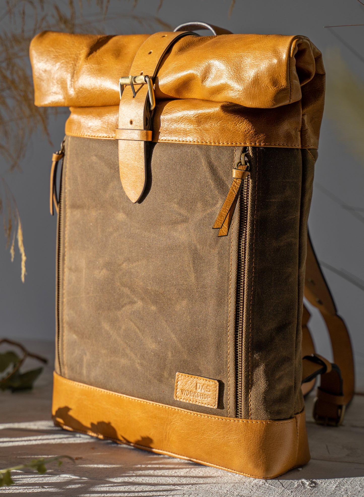 Leather and Waxed Canvas Roll Top Backpack