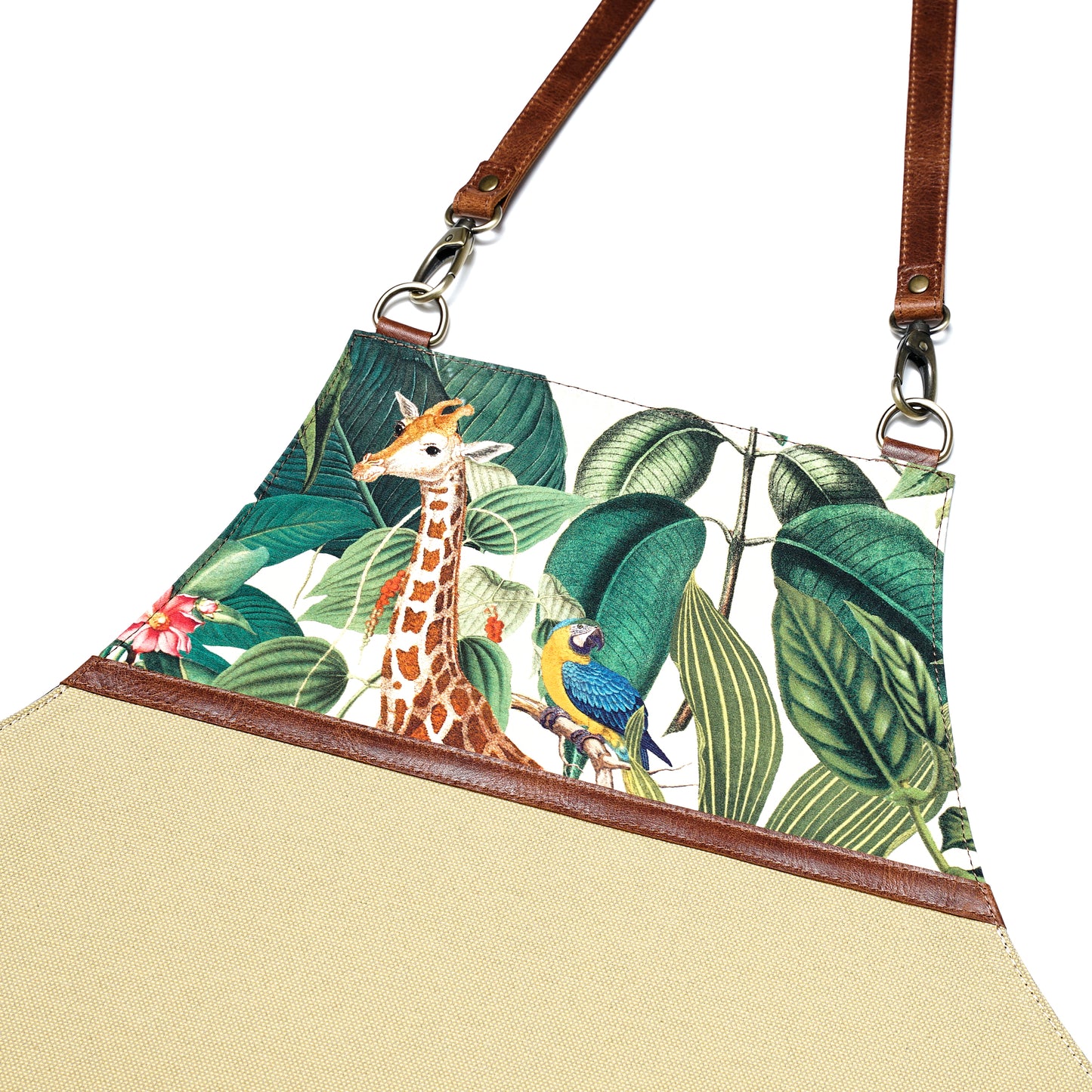 Safari Botanical Canvas Apron – Stylish Apron with Leather Straps and Jungle Print for Gardeners, Chefs, and Artists